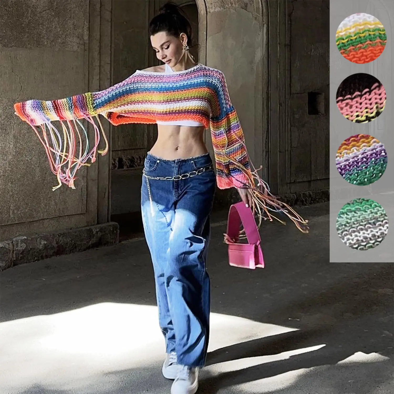 キングマクグリーンスターレインボーストライプホローアウトフィッシュネットセーター女性ヴィンテージタッセルニットスモッククロップトップス特大かぎ針編みセーター