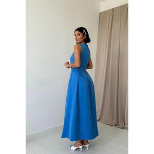 Elegante Vestido de Satén Azul con Cuello Halter y Corte en A para Mujer, Vestido de Noche Modesto con Falda Acampanada y Cintura Natural - Product Image 1