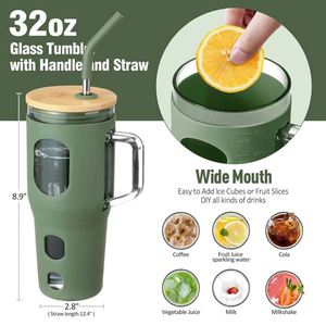 แก้วน้ำ BPA Free ขนาด 32 ออนซ์ แก้วกาแฟแบบใช้ซ้ำได้ ขวดน้ำ ฝาไม้ไผ่ ปลอกซิลิโคน พร้อมตัวบอกเวลา หลอดดูด เป็นมิตรกับสิ่งแวดล้อม - Product Image 4