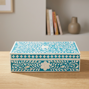 Scatola Portagioie in Legno Fatta a Mano, Rettangolare, <span class=keywords><strong>Design</strong></span> Floreale Tradizionale Blu e Bianco, Decorazione per Interni - Product Image 1