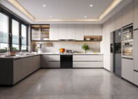 Meubles de cuisine en L laqués mats sur mesure, comptoir en quartz, unités d'appareils électroménagers intégrées, projets de maison modernes