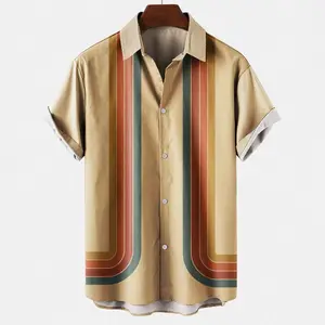 Wholesale Custom Four-sided Stretch Fabrics Men Shirts Stripes Short Sleeve Shirts Causal Digital Printing Button Shirt For Men