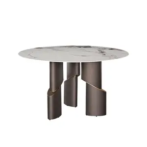 Işık lüks parlak kaya plakası masa küçük aile tip modern basit yuvarlak sinterlenmiş taş yuvarlak yemek masası