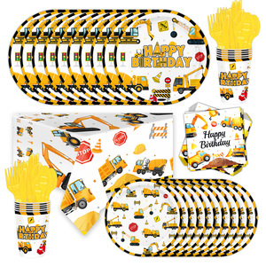 Décorations de fête d'anniversaire sur le thème de <span class=keywords><strong>la</strong></span> construction Assiettes Serviettes Fourchettes Fournitures de fête d'anniversaire pour garçons et enfants Excavatrice de construction - Product Image 1