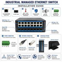 Switch Ethernet Industrial Administrado de 16 Puertos Gigabit, 8 SFP, Montaje en Riel DIN, Sin Ventilador, Switch de Red L2, Carcasa Metálica, Amplio Rango de Temperatura