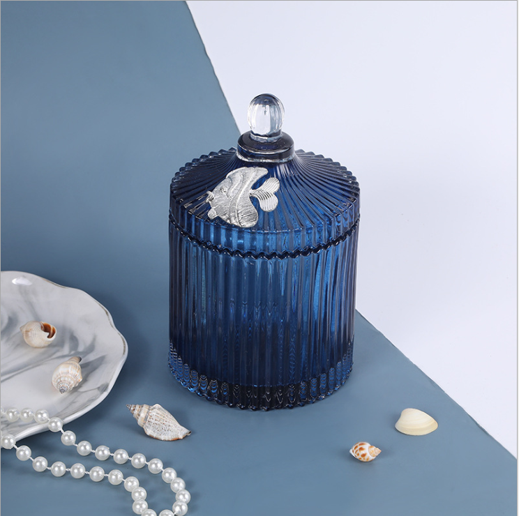 Embossed Blue Luxury Empty Ribbed Geo Cut Glass Candle Container Jar with Glass Lids