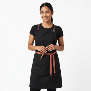 Sleek Black Workwear Apron with Adjustable Brown Straps - Elegant Hotel Uniforms Design for Baristas Bakers Craft <b>Makers</b> Aprons - Product Image 1