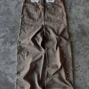 ローMoqラインストーンプリントローライズHommes生裾デニムパンツジッパー付きフライスタッズ洗浄メンズバギージーンズメーカー - Product Image 5