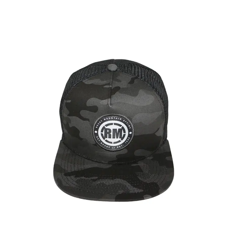 Mesh cap custom hip-hop flat brim snapback cap hat custom woven patch black camo snapback sport mesh trucker cap