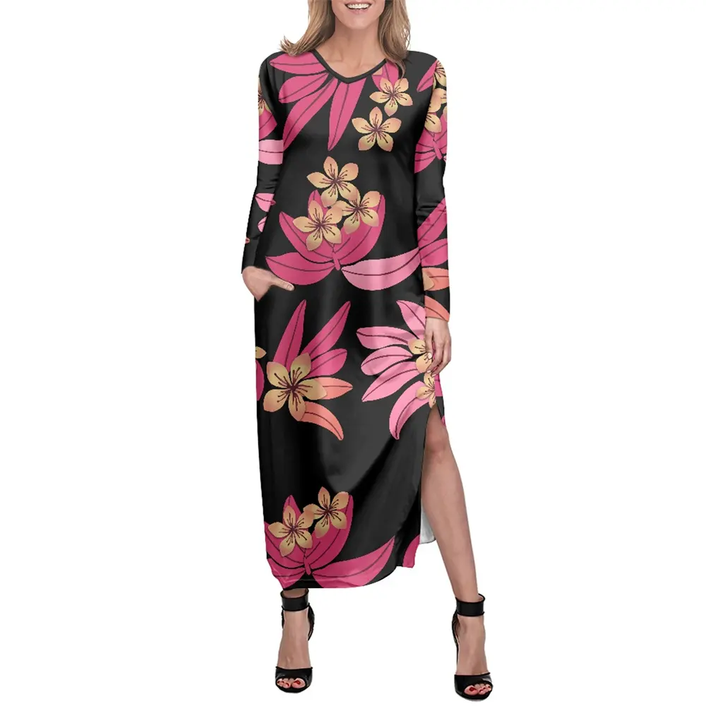 New Fashion Design Plus Size Women Cloth Custom Polynesian Print Ladies Slit Dress Tapa Style Long Sleeve V Neck Casual Dress