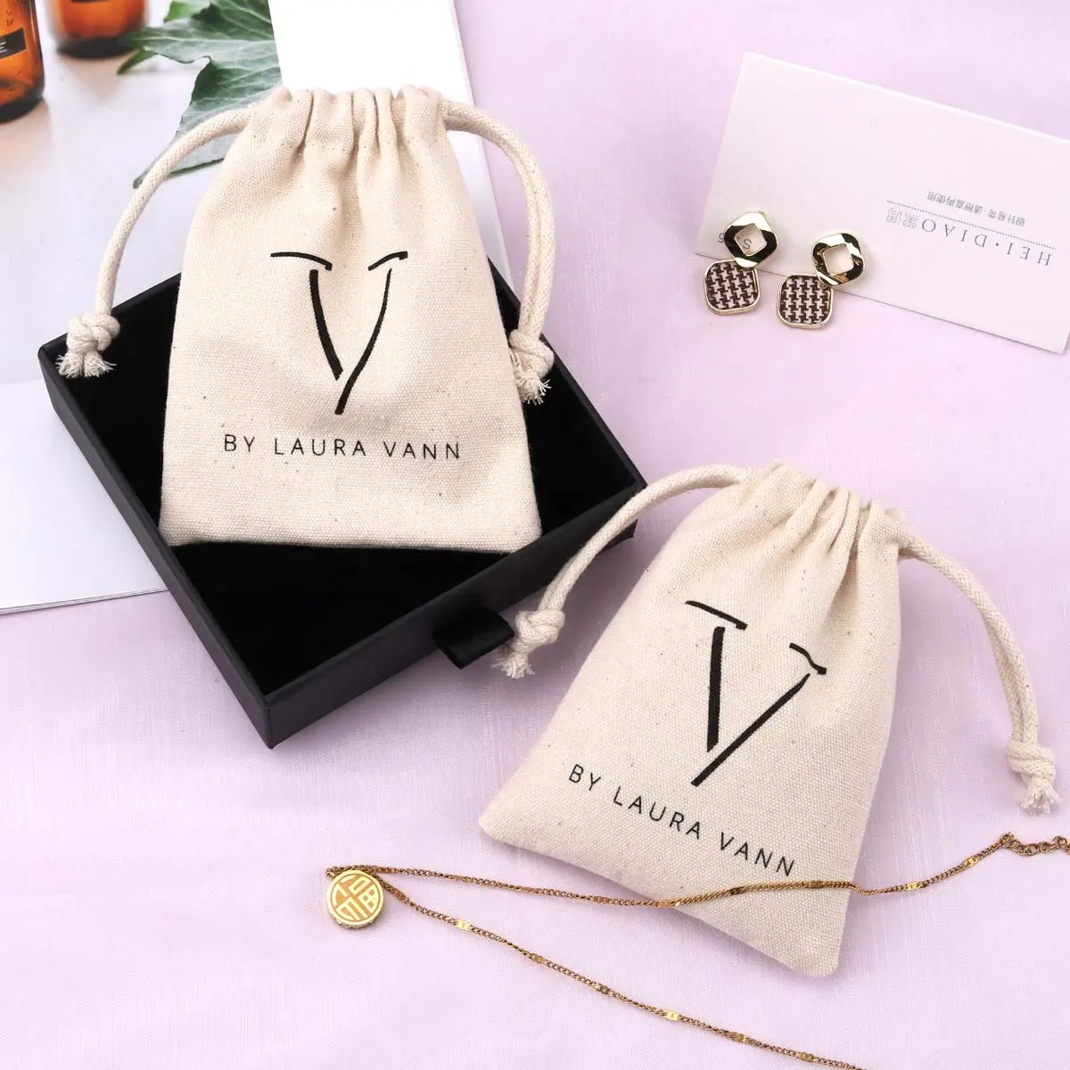 High Quality Natural Canvas Jewelry Drawstring Pouch Custom Logo Printing Organic Cotton Gift Jewelry Dust Bag