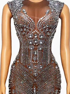 Robe à franges en strass argentés, tenue mince en pierres de cristal, pour discothèque, fête d'anniversaire, bal de promo, Costume de danse de <span class=keywords><strong>chanteur</strong></span> - Product Image 3