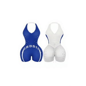 Women's Blue White Halter Neck Sleeveless <b>Bodysuit</b> with Star Print Logo Front Stretch <b>Cami</b> Activewear Soft Spring - Product Image 1