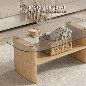 Oval Tempered Glass Coffee Table with 2-Tier <b>Storage</b> Shelf Curved Wooden Frame Center Tea Table Living Room Furniture - Product Image 4