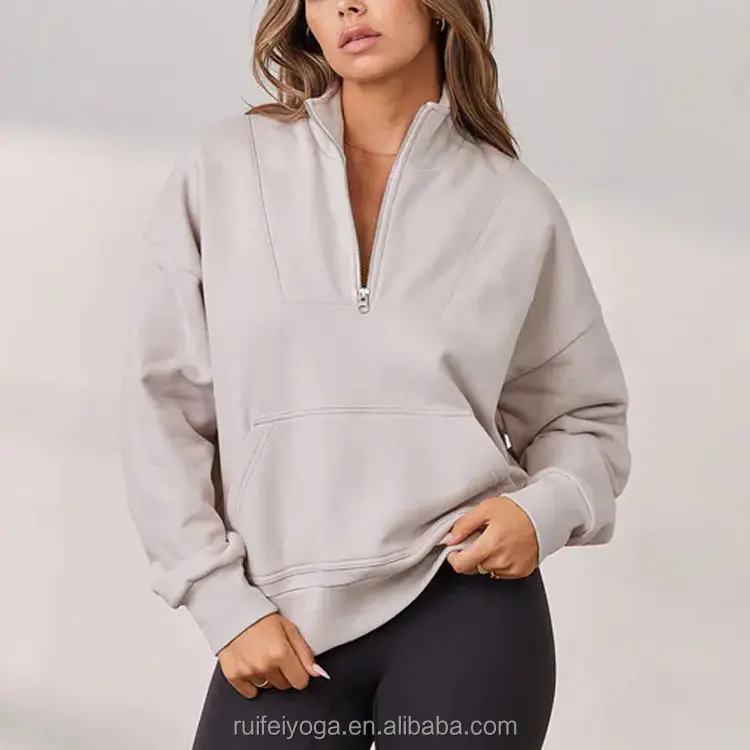 Benutzer definierte Streetwear Drop Schulter Französisch Terry Blank Gym Hoodies Damen Half Zip Pullover Sweatshirt Übergroße Quarter Zip Sweater