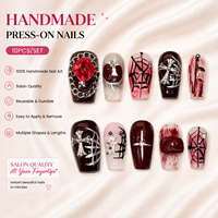 10 pièces Faux ongles à presser faits main, courts forme cercueil, motif toile d'araignée cramoisie, strass 3D et croix, vente en gros