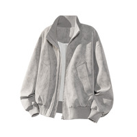 Veste de travail rétro pour homme en cuir PU gris uni avec fermeture éclair, coupe ample et col montant, idéale pour l'automne