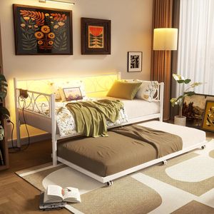 Moderna <span class=keywords><strong>Cama</strong></span> <span class=keywords><strong>Nido</strong></span> Doble Plegable con Estación de Carga, Luces LED y Soporte de Láminas de Acero para Sala de Estar/Dormitorios - Product Image 2