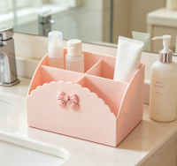 MONR Organisateur de maquillage mignon avec nœud décoratif, en plastique festonné, multi-compartiments, pour bureau et salle de bain, support cosmétique