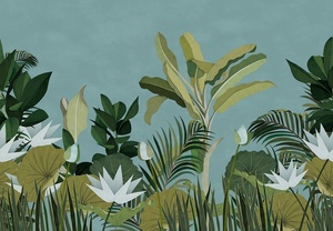 วอลเปเปอร์ลายต้นไม้สีเขียวแบบกำหนดเอง YKWS 029 วอลเปเปอร์ศิลปะไทยสมัยใหม่ กันน้ำ ลายภาพวาดทรอปิคอล สำหรับตกแต่งร้านอาหาร - Product Image 3