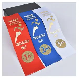 Vertical Custom Badge ribbons Gold foil printing Embossed Logo Award Satin ribbon With Logo