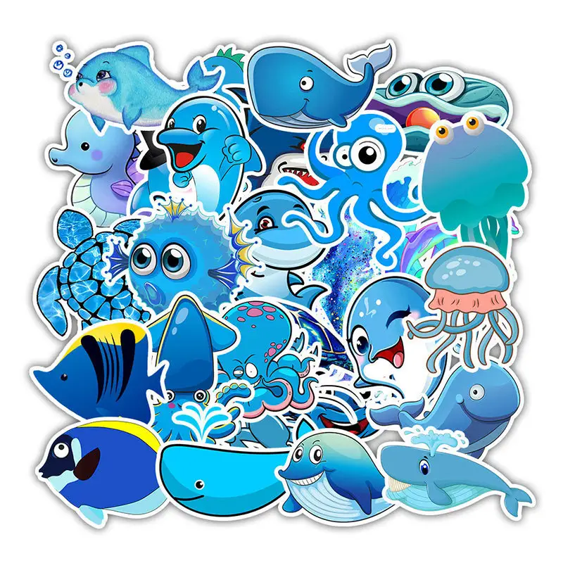 50 Buah/Kantong Stiker PVC Hewan Kartun Laut Lucu Biru Dapat Dilepas Tahan Air untuk Anak-anak