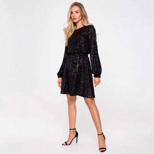 <b>Pink</b> Sequined Dress Long Sleeve Scoop Neck <b>Wrap</b> Tie Club Dress - Product Image 2