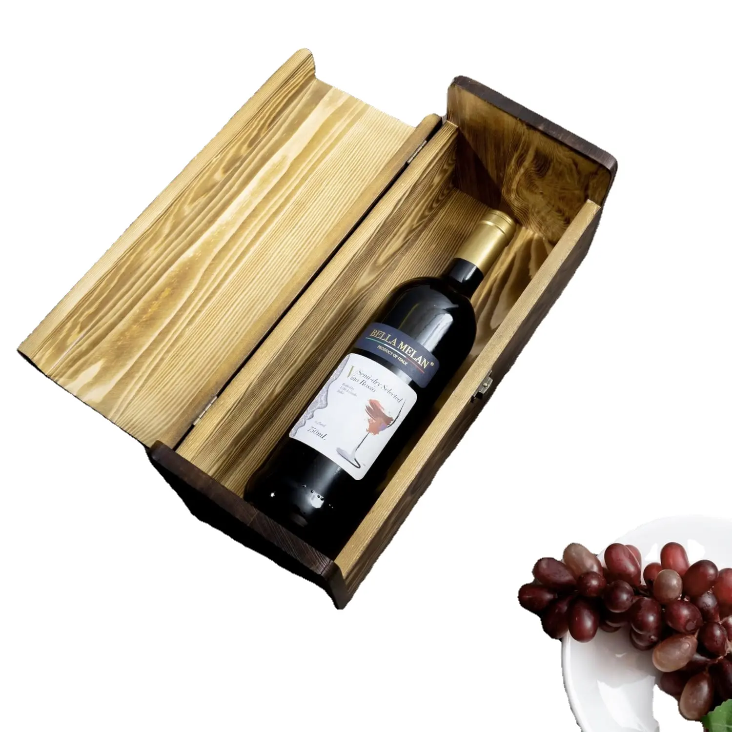 बांस की लकड़ी वाइन बॉक्स पैकेजिंग और सिंगल बोतल वाइन 1.5 लीटर बॉक्स के साथ लकड़ी जली हुई गहरे भूरे रंग की सिंगल वाइन बोतल होल्डर बॉक्स