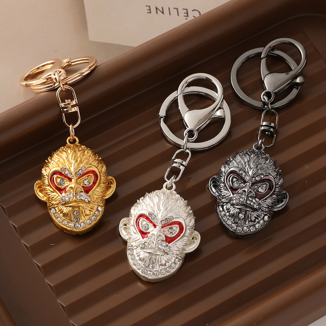 EASYA Classic Luxury Crystal Rhinestone Alloy Handicraft Coin Holder Fashion Cartoon Monkey King Face Die-Cut Keychain Pendant