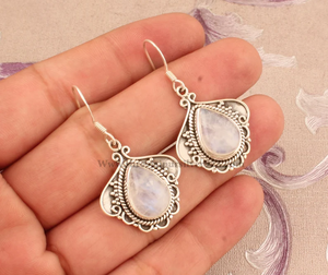 Boucles d'oreilles indiennes en pierre de lune arc-en-ciel en argent Sterling 925 massif fait à la main pour anniversaire de mariage - Product Image 1