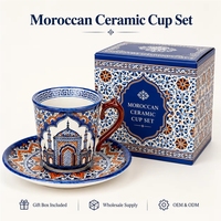 Ensemble tasse et soucoupe en céramique souvenir du Maroc, motifs architecturaux géométriques, porcelaine, café, pour les grossistes