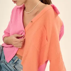 New Design Women Half Color Block Crinkle Cotton Loose Shirt
