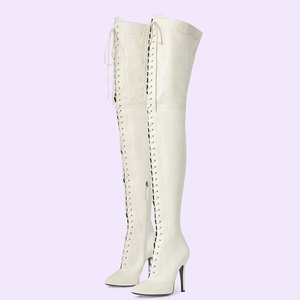 Lace up Patchwork Thigh High <b>Boots</b> Women's Stiletto Over-knee Long Booties Snake Prints Thin Heels Wide Leg Fit Size 45 - Product Image 4