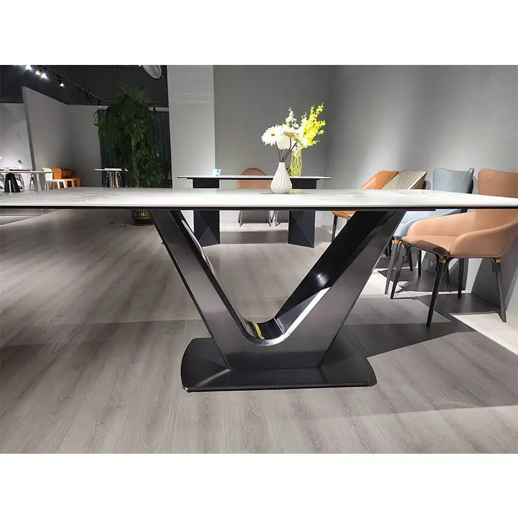 新しいモデルroeckplatダイニングテーブルセットリビングルーム家具高級ステンレス鋼長方形スレートトップダイニングテーブル