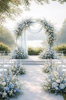 Centres de table de mariage romantiques bleus et blancs en fleurs artificielles, décorations d'arche et arrangements floraux pour les réunions de famille