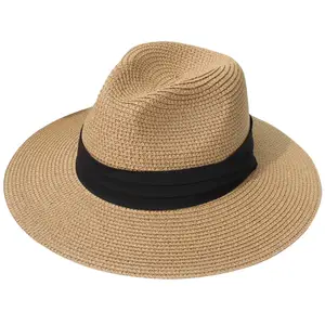 Chapeau de paille en papier naturel à large bord Logo personnalisé pour l'extérieur Chapeau de paille de plage de sable uni pour adultes et femmes d'été
