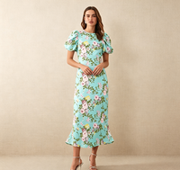 Nouvelle Robe Midi Florale Femme 2026 Bleu Clair Manches Courtes Col Rond Taille Haute Élégante Robe de Soirée Coupe Ajustée Décontractée pour Dames