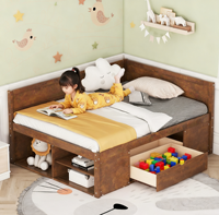 Lit de repos multifonctionnel en noyer, lit double avec étagères de rangement pratiques et tiroirs coulissants pour chambre à coucher