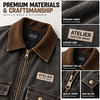 Blouson Bomber en Toile Lavée Style Vintage Personnalisé avec Col en Velours Côtelé, Veste de Travail en Toile pour Homme OEM ODM avec Logo Brodé