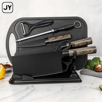 Couteaux en acier inoxydable avec manche en plastique imitation bois, revêtement noir, avec aiguiseur, ciseaux, bloc de rangement, ensemble de couteaux de cuisine JY2424