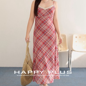 Vestido con Tirantes y Escote en V de Encaje Happy Plus, Estampado a Cuadros, Línea A, Rojo, Talla Grande, Informal, para Uso Diario, Femenino, N9161 - Product Image 1
