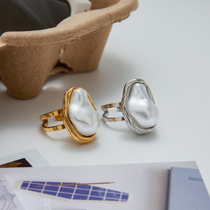 Baroque Pearl <b>Open</b> <b>Ring</b> 18k Gold Stainless Steel Women's Fashion Jewelry Party Geometric Shape Bezel Setting - Product Image 2