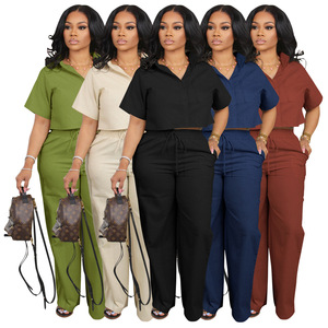 Ropa <span class=keywords><strong>de</strong></span> oficina informal Europea americana para <span class=keywords><strong>mujer</strong></span>, conjunto <span class=keywords><strong>de</strong></span> <span class=keywords><strong>lino</strong></span> <span class=keywords><strong>de</strong></span> dos piezas, camisa <span class=keywords><strong>de</strong></span> manga corta sólida, decoración con botones, <span class=keywords><strong>pantalones</strong></span> <span class=keywords><strong>cortos</strong></span> <span class=keywords><strong>de</strong></span> verano - Product Image 1