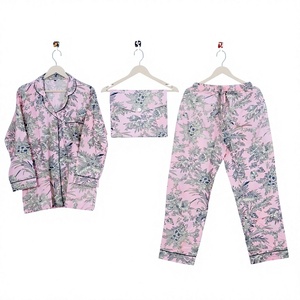 Ensemble de pyjama 3 pièces pour femme, 100% coton, imprimé floral élégant fait main, respirant, doux, décontracté, automne, taille élastique, manches longues - Product Image 1