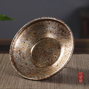 Purple Copper Wood Grain Gold Teapot Stand Handmade Hammered Round Tea Tray For Afternoon Tea - Product Image 5