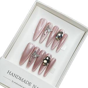 <span class=keywords><strong>Super</strong></span> largo ojo de gato estilo francés Rhinestone 10 piezas hecho a mano acrílico <span class=keywords><strong>uñas</strong></span> al por mayor <span class=keywords><strong>uñas</strong></span> postizas diseñador prensa en las <span class=keywords><strong>uñas</strong></span> - Product Image 1