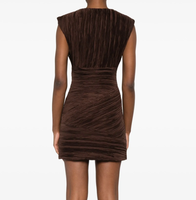 Robe mini plissée texturée marron pour femme, col en V, sans manches, coupe droite, élégante, sexy, pour le printemps, les fêtes, le bureau, le quotidien