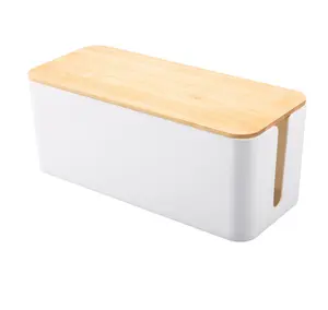 Caja organizadora de cables de bambú, conjunto de tres cubiertas de alimentación, Protector contra sobretensiones para escritorio (negro/blanco)