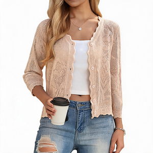 Hochwertiger Alabaster-Cardigan mit Muschelkanten-Wellenmuster, V-Ausschnitt, Dreiviertelärmeln und Spitzenverzierung, Weicher Damen-Pullover - Product Image 1