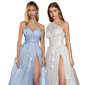 Off-Shoulder Strapless Evening Gown Empire Waist Chiffon High Slit Ball Gown White And Light Blue Adult Women's Dress - Product Image 5